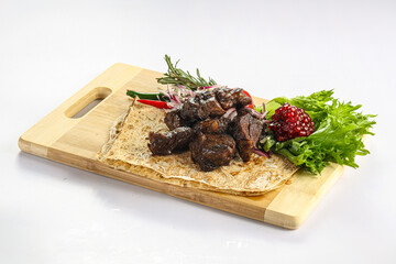 Lamb kebab shashlik barbeque over board