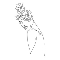 Woman with Flowers Line Art Drawing. Female Floral Head. Woman with Flowers Art for Wall Decor, Print, Poster. Perfect for Home Decor, Wall Posters, or t-shirt Print, Mobile Case. Vector EPS 10