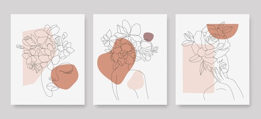 Female Face with Flowers Line Art Drawing Set. Woman Head with Flowers One Line Minimalist Illustration. Woman Minimal Sketch Drawing. Abstract Single Line Vector Art.