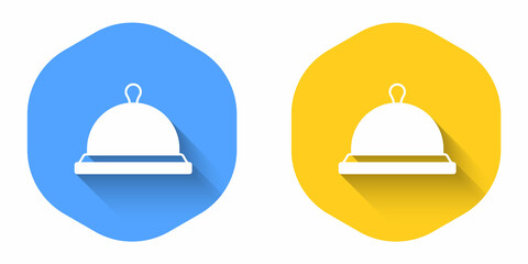 White Covered with a tray of food icon isolated with long shadow background. Tray and lid sign. Restaurant cloche with lid. Circle button. Vector