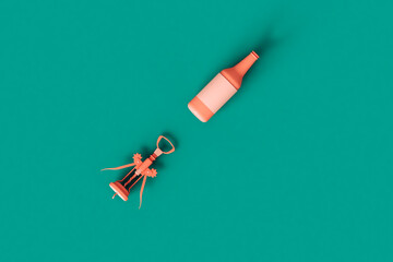 a Corkscrews and a pink wine bottle
