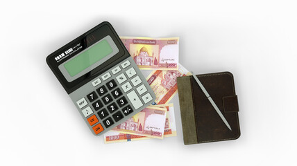 3D rendering of an isolated composition of 1000 Afghanistan Afghani notes, a calculator, a note book and a pen. top view