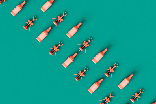 two rows of Corkscrews and bottles. top-down view