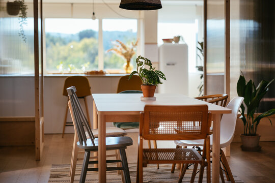 Interior of spacious kitchen and dining room at home
