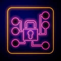 Glowing neon Cyber security icon isolated on black background. Closed padlock on digital circuit board. Safety concept. Digital data protection. Vector