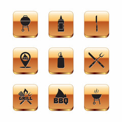 Set Barbecue grill, Crossed fork and spatula, fire flame, Mustard bottle, Location with barbecue, knife, and icon. Vector