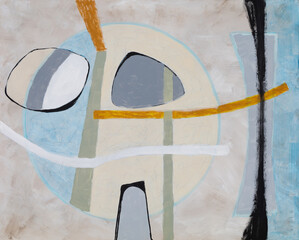 A modernist abstract painting, with a retro feel and suggestive of British 1960s style