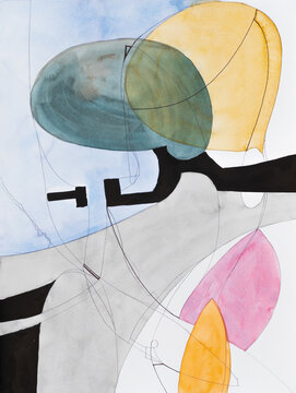 An abstract painting, in watercolor, pencil and ink.