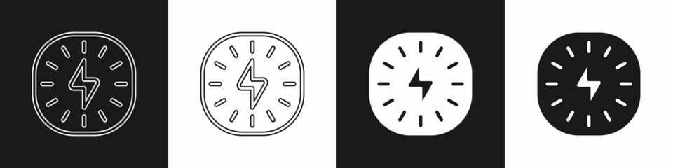 Set Lightning bolt icon isolated on black and white background. Flash sign. Charge flash icon. Thunder bolt. Lighting strike. Vector