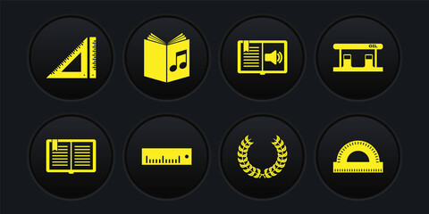 Set Open book, Gas filling station, Ruler, Laurel wreath, Audio, Protractor grid and Triangular ruler icon. Vector