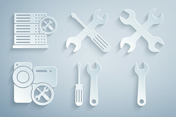 Set Screwdriver and wrench, Crossed wrenchs, Video camera service, Wrench, screwdriver and Database server icon. Vector