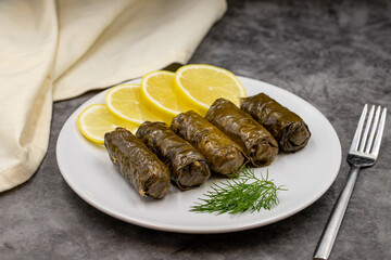 Stuffed grape leaves with olive oil on a dark background. Traditional Turkish cuisine delicacies. Delicious dolma (yaprak sarma). Horizontal view. Close up