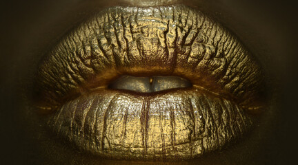 Golden lipstick closeup. Lips with metal makeup. Sexy lips, Metallic lipstick close up. Art design...