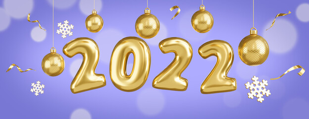 2022 golden balloons for happy new year concept on purple background.