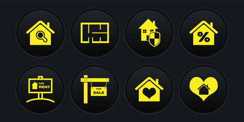 Set Hanging sign with For Rent, House percant, Sale, heart shape, under protection, plan, and Search house icon. Vector