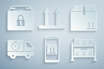 Set Mobile with app tracking, Cardboard box traffic, Delivery truck and stopwatch, Warehouse, This side up and Locked package icon. Vector