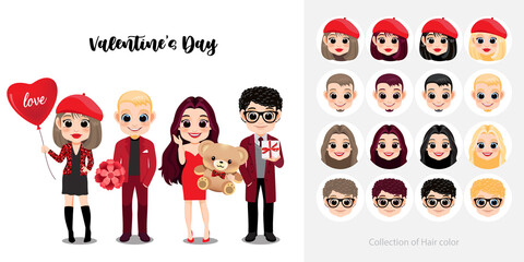 Happy Valentine's day with Lover Dating Outside together on white background and collection of Hair color cartoon character vector