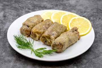 Stuffed cabbage leaves, in a ceramic plate. Vegan cabbage rolls, cooked cabbage leaves, wrapped around a filling of rice, onions and spices. (Lahana sarması) Horizontal view. Close up