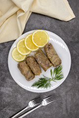 Stuffed cabbage leaves, in a ceramic plate. Vegan cabbage rolls, cooked cabbage leaves, wrapped around a filling of rice, onions and spices. (Lahana sarması) Top view. Close up