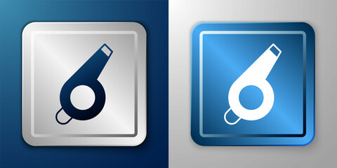 White Whistle icon isolated on blue and grey background. Referee symbol. Fitness and sport sign. Silver and blue square button. Vector