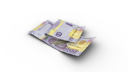 3D rendering of Double 5000 Angolan kwanza notes with shadows on white background