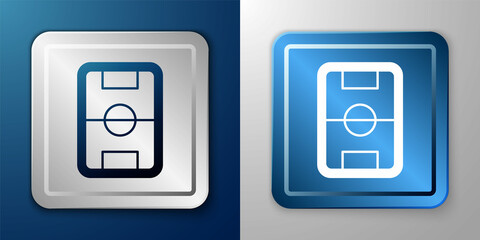 White Football or soccer field icon isolated on blue and grey background. Silver and blue square button. Vector