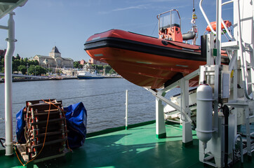 LIFEBOAT - A modern motorboat on deck the ship 