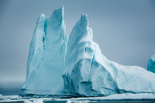 Icebergs floating in the melting sea ice in the Davis Strait.