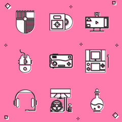 Set Shield for game, CD DVD disk in box, Live streaming online, Computer mouse gaming, Mobile and playing, Portable video console, Headphones and Racing simulator cockpit icon. Vector