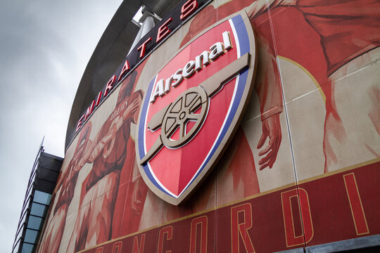 Arsenal Football Club (F.C.) logo or emblem on Emirates Stadium in Holloway district on January 16, 2019 in London, England, United Kingdom.