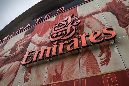 Emirates Airlines sponsorship logo or emblem on Arsenal Football Club (F.C.) Emirates Stadium in Holloway district on January 16, 2019 in London, England, United Kingdom.