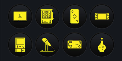 Set Retro arcade game machine, Portable video console, Microphone, Mobile and playing, Playing card with diamonds, Slot, Bottle magic elixir and Laptop icon. Vector