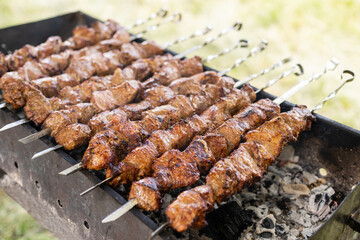 delicious bbq kebab grilling on open grill, outdoor kitchen. food festival in city. tasty food roasting on skewers, food-court. summer picnic