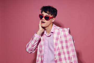 pretty man plaid blazer fashion modern style glasses pink background unaltered