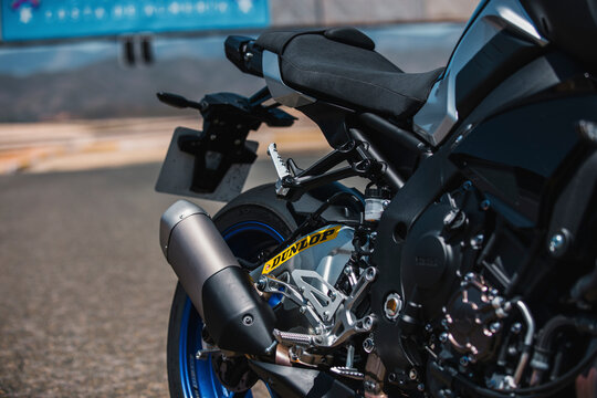 Almeria, Spain - May 4th 2021: Close up view of Dunlop tires sticker on blue Yamaha motorbike during Dunlop Xperience showroom and test in Almeria, Spain.