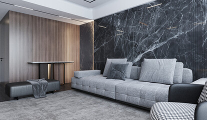Gray sofa with black marble pattern wall and Wooden Floor,white curtian beside. 3D illustration
