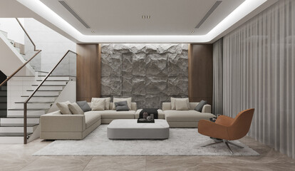 large luxury modern interior of living room.3D illustration