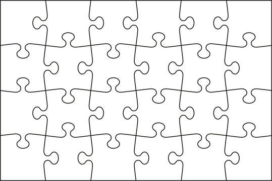 Puzzle pieces set. Jigsaw grid with 24 details. Simple background with mosaic shapes. Scheme for thinking game. Cutting template. Frame tiles. Vector illustration.