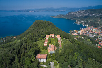 Aerial view of Eremo di San Giorgio, Bardolino. Aerial panorama Monastery on the hill. Home of...
