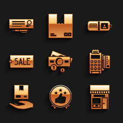 Set Stacks paper money cash, Shopping building market store, POS terminal with credit card, Delivery hand boxes, Price tag text Sale, Wallet and Bank check pen icon. Vector