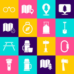 Set Wooden axe, Carabiner, Shovel, Location of the forest, Compass, map, Binoculars and Camping gas stove icon. Vector