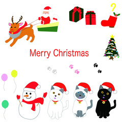 santa claus, cats and snowman with christmas gifts