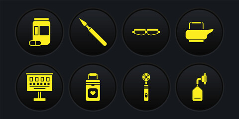 Set Eye test chart, Bedpan, Organ container, Electric toothbrush, Safety goggle glasses, Medical surgery scalpel, oxygen mask and Medicine bottle and pills icon. Vector