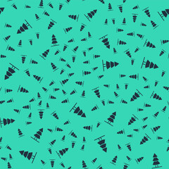 Black Christmas tree icon isolated seamless pattern on green background. Merry Christmas and Happy New Year. Vector