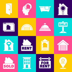 Set Location lock, Garage, Hanging sign with Sale, Bathtub, Online real estate house, Closed door and Hotel service bell icon. Vector