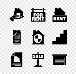 Set Realtor, Hanging sign with For Rent, House contract, Sale, Garage, Online real estate house and under protection icon. Vector