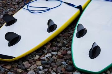Windsurfing boards on the beach. Windsurfing and active lifestyle