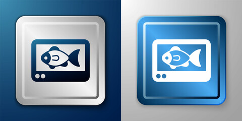 White Fish finder echo sounder icon isolated on blue and grey background. Electronic equipment for fishing. Silver and blue square button. Vector