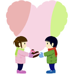 女の子が男の子にチョコレートを渡すイラスト（コピースペースあり）