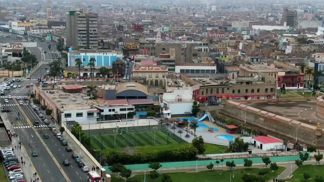 Miguel Grau Avenue, sport complex and Felipe fortress in Callao Peru, pan shot